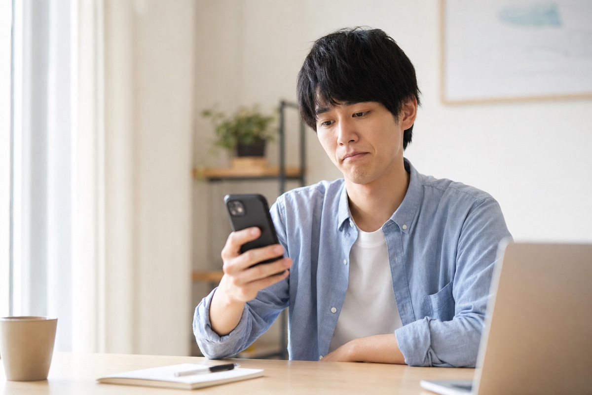 テストスコアが下がりスマートフォンの結果画面を見て落ち込む英語学習者